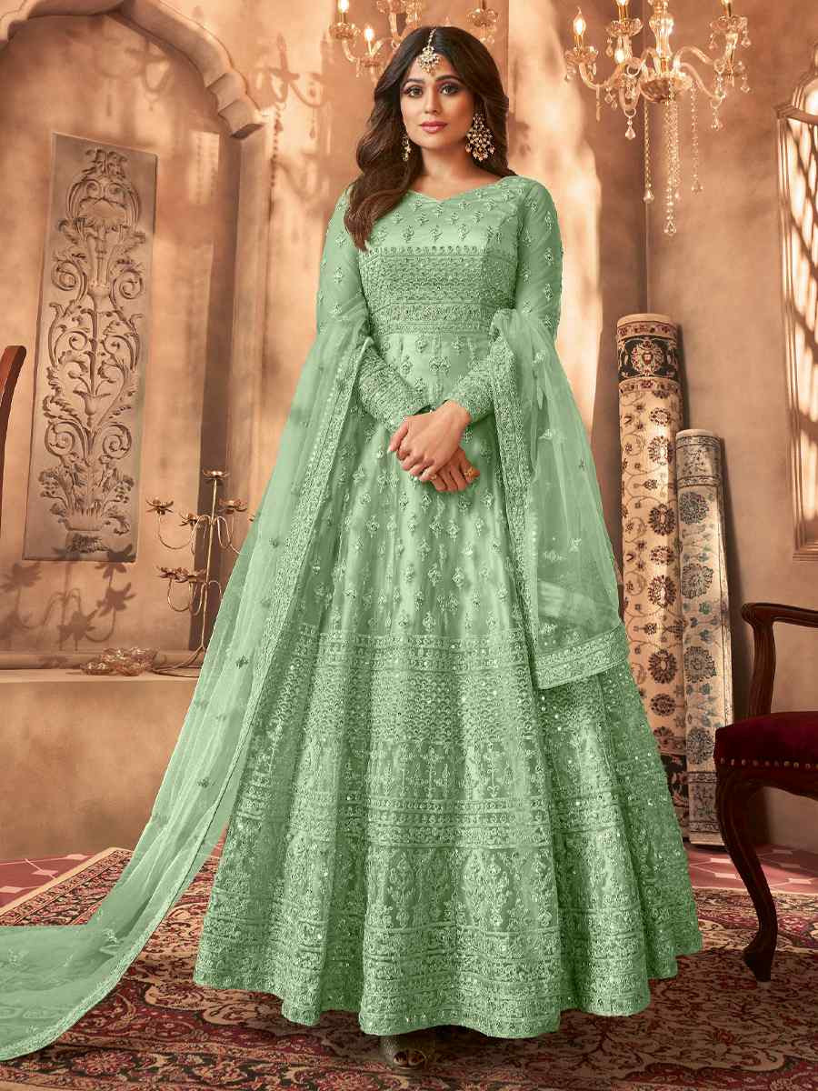 Green Net Embroidered Festival Wedding Anarkali Salwar Kameez