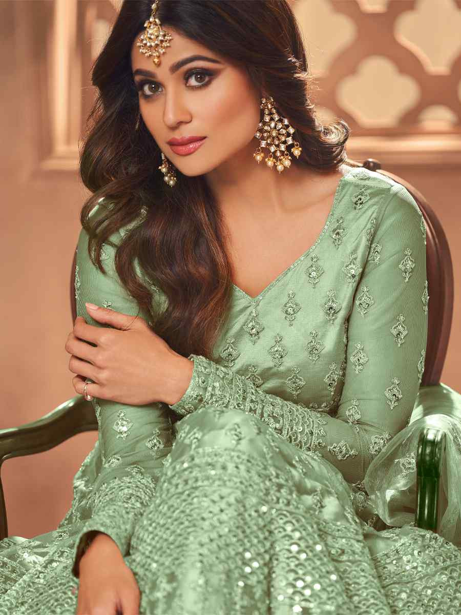 Green Net Embroidered Festival Wedding Anarkali Salwar Kameez