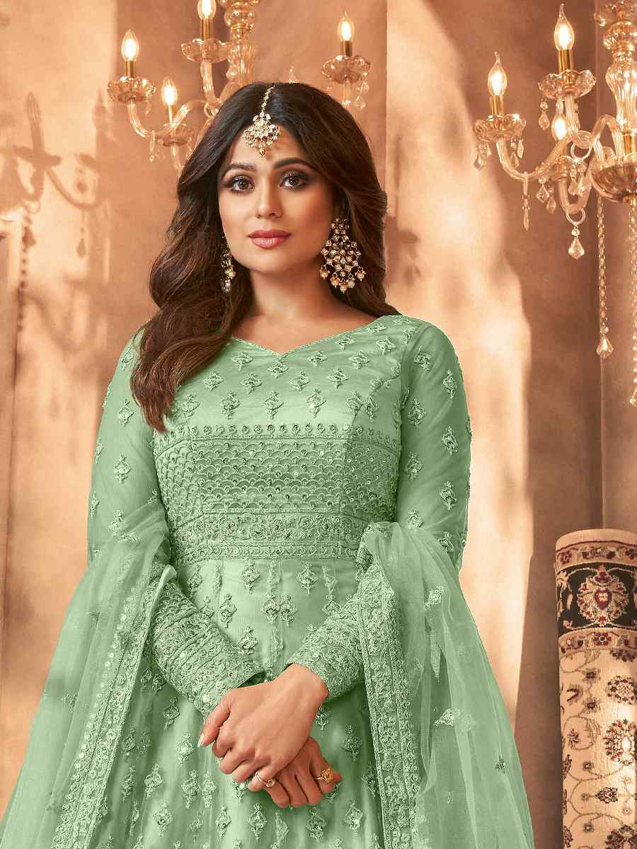 Green Net Embroidered Festival Wedding Anarkali Salwar Kameez