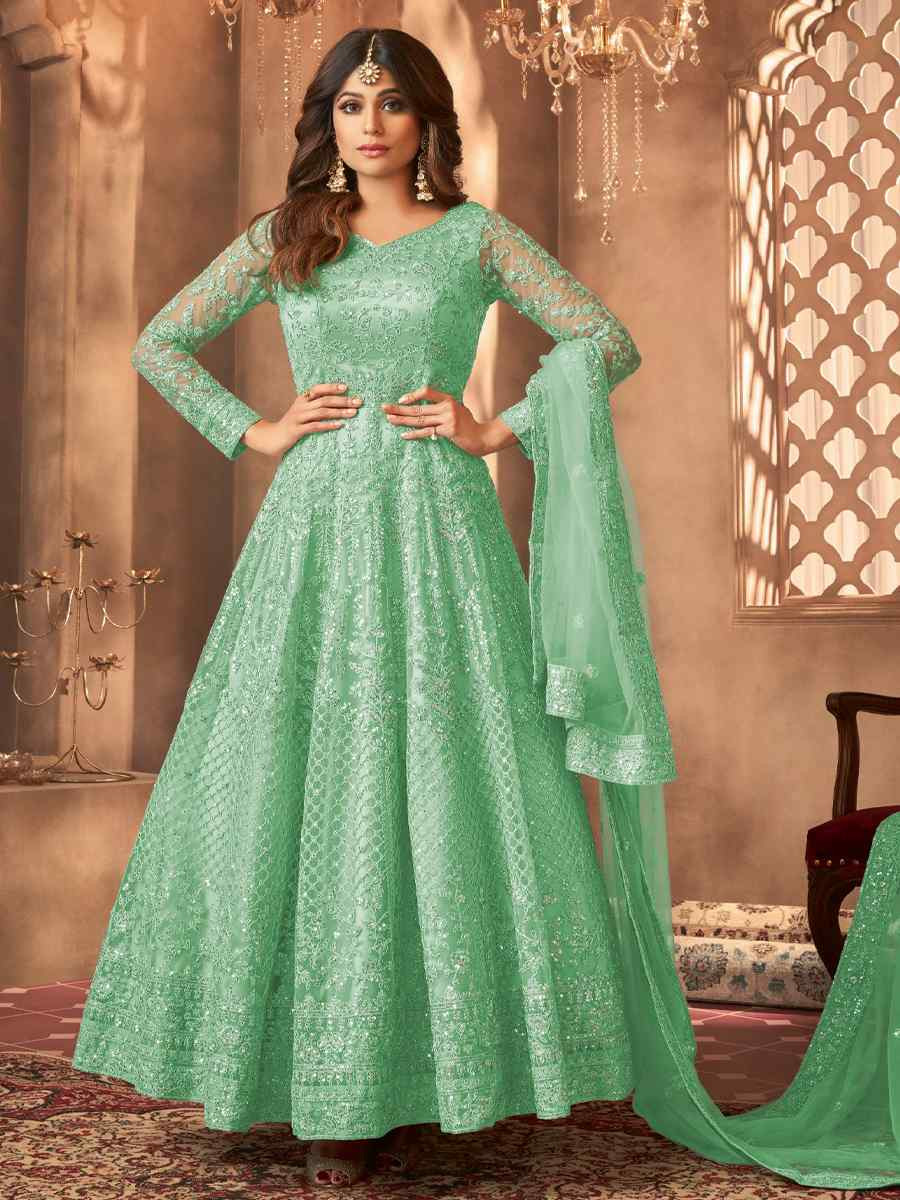Green Net Embroidered Festival Wedding Anarkali Salwar Kameez