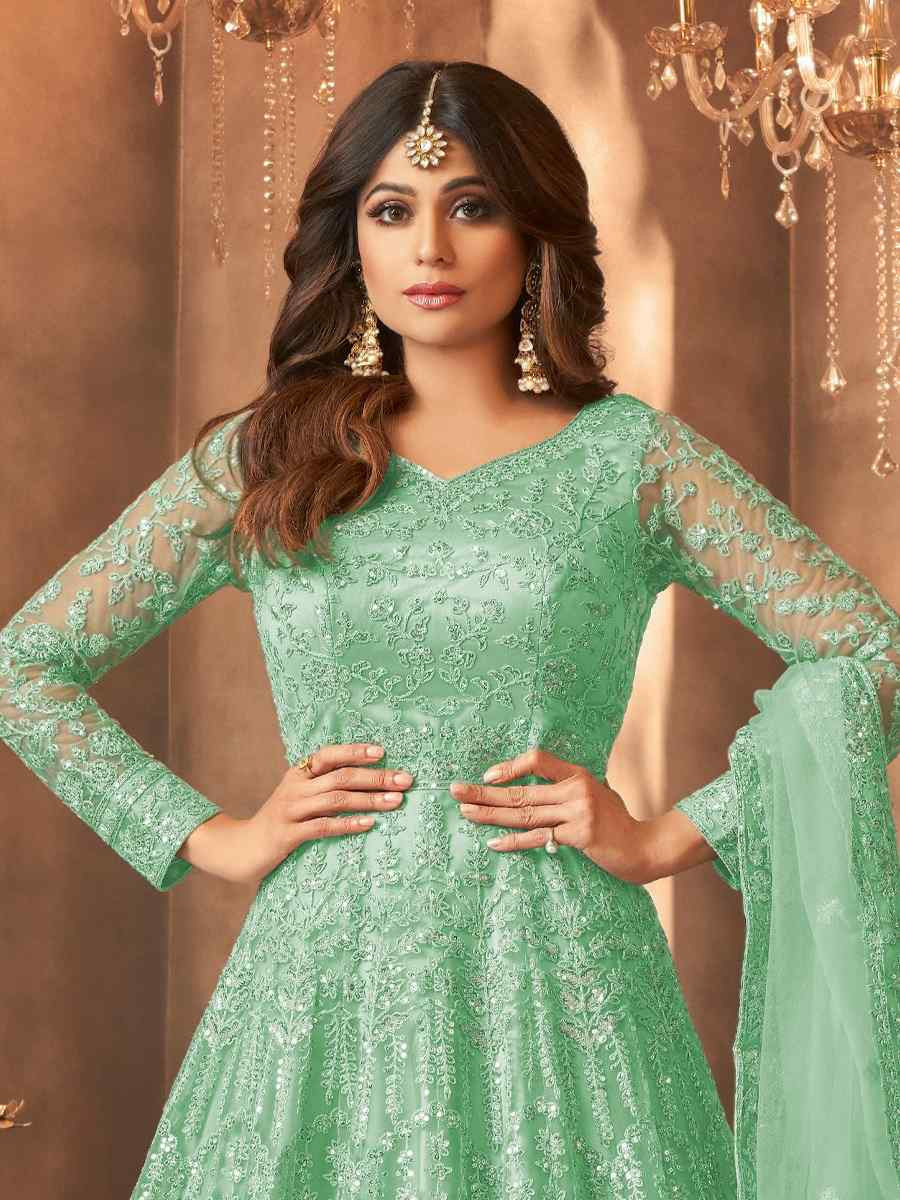 Green Net Embroidered Festival Wedding Anarkali Salwar Kameez