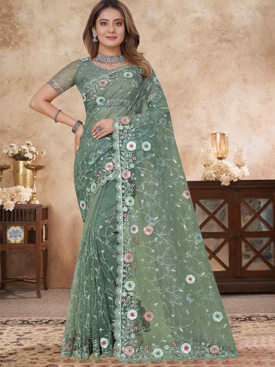 Green Net Embroidered Festival Wedding Fancy Heavy Border Saree