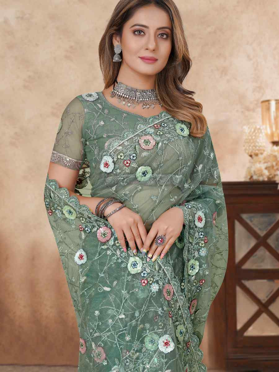 Green Net Embroidered Festival Wedding Fancy Heavy Border Saree