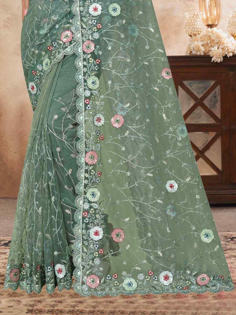 Green Net Embroidered Festival Wedding Fancy Heavy Border Saree