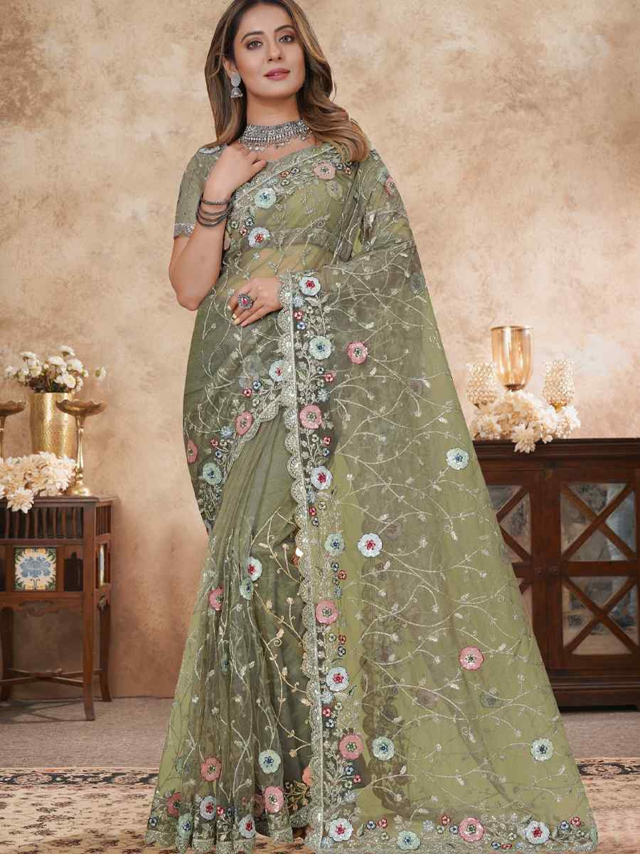 Green Net Embroidered Festival Wedding Fancy Heavy Border Saree
