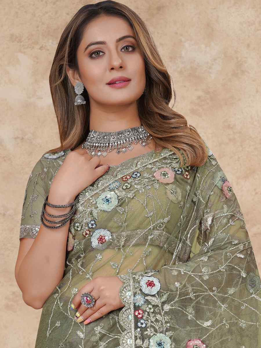 Green Net Embroidered Festival Wedding Fancy Heavy Border Saree