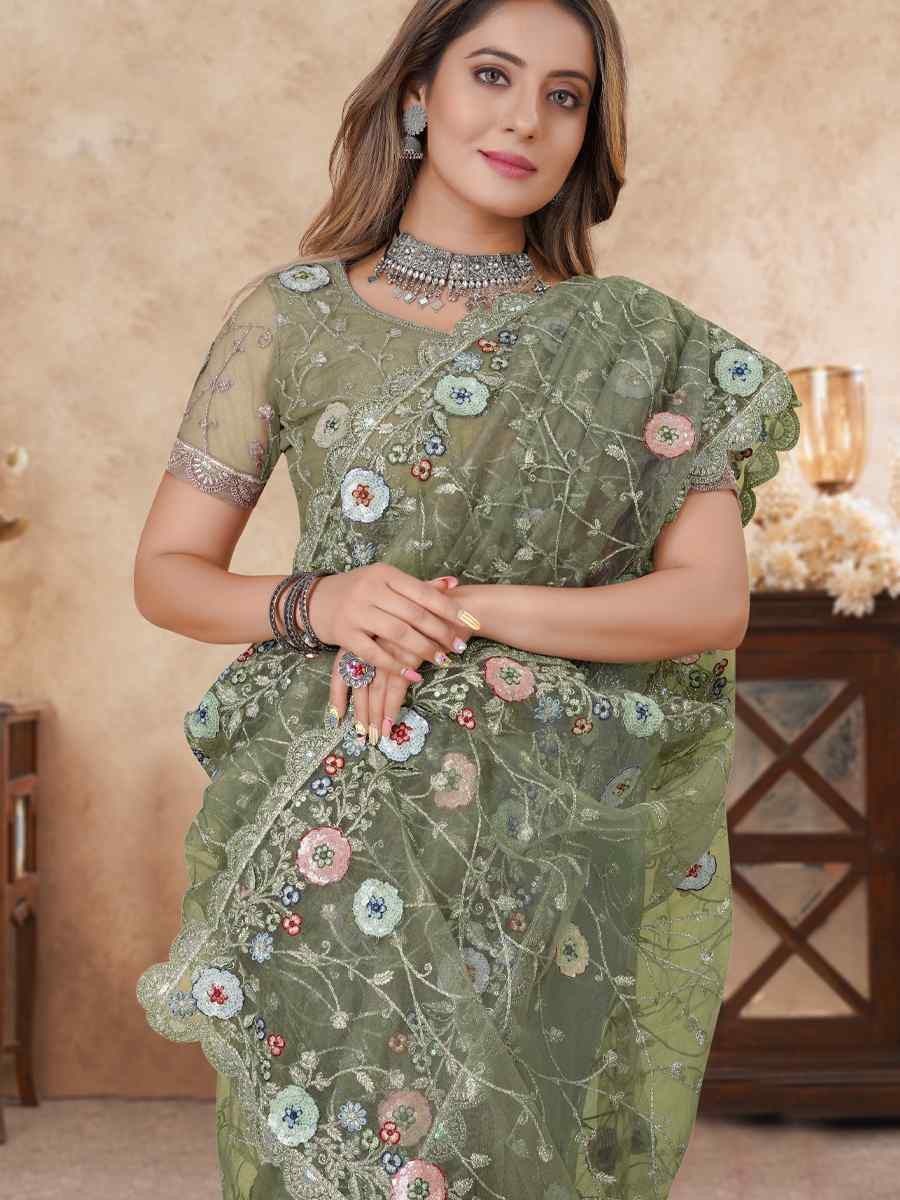 Green Net Embroidered Festival Wedding Fancy Heavy Border Saree
