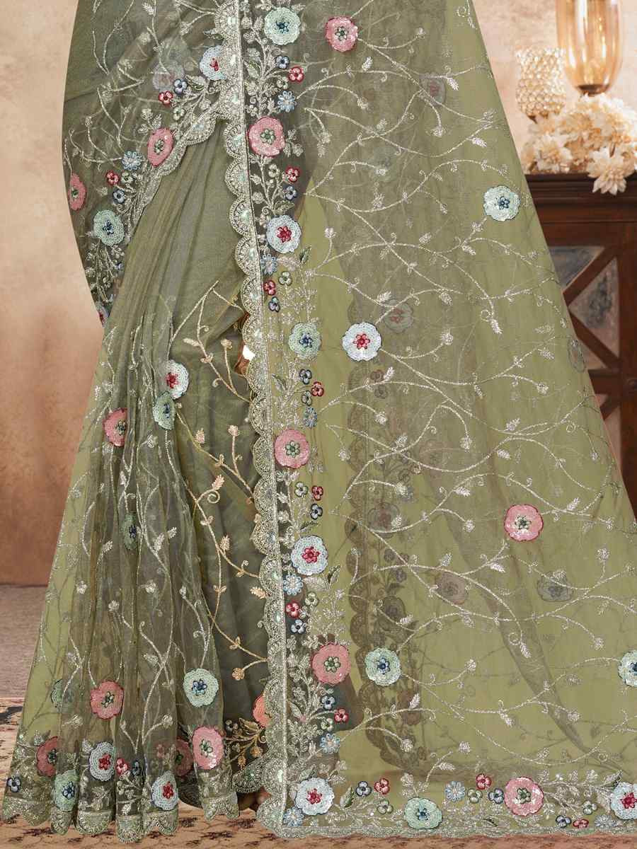 Green Net Embroidered Festival Wedding Fancy Heavy Border Saree