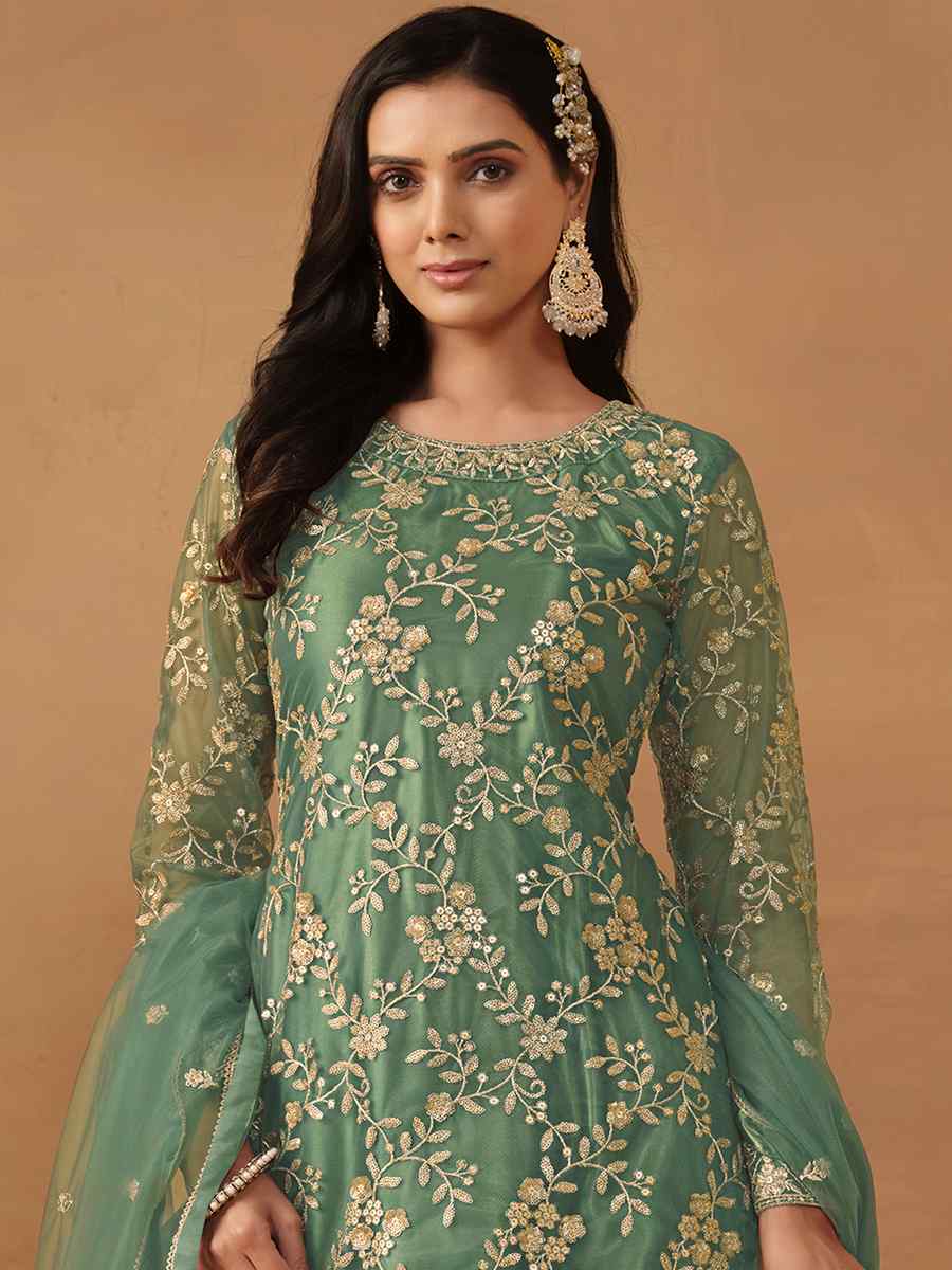 Green Net Embroidered Festival Wedding Sharara Pant Salwar Kameez