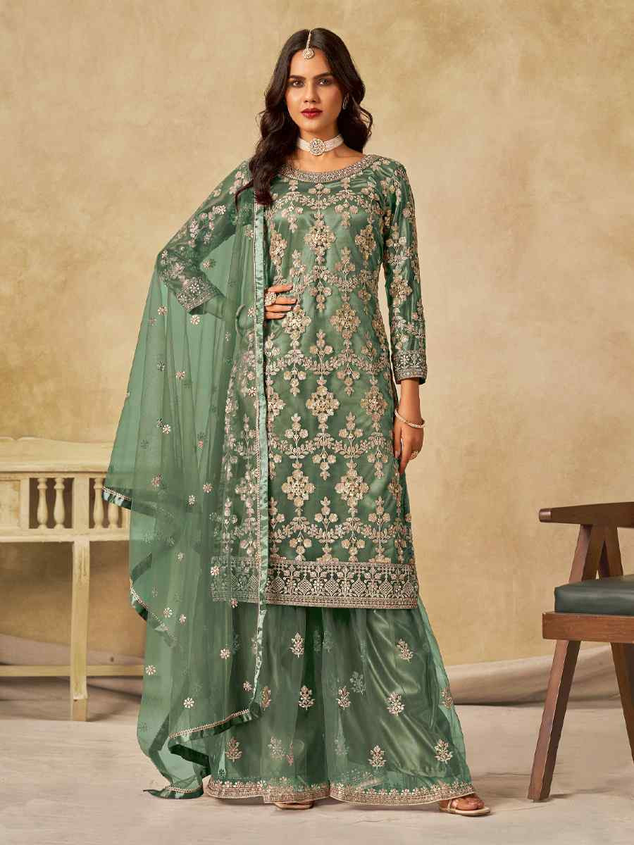 Green Net Embroidered Festival Wedding Sharara Pant Salwar Kameez