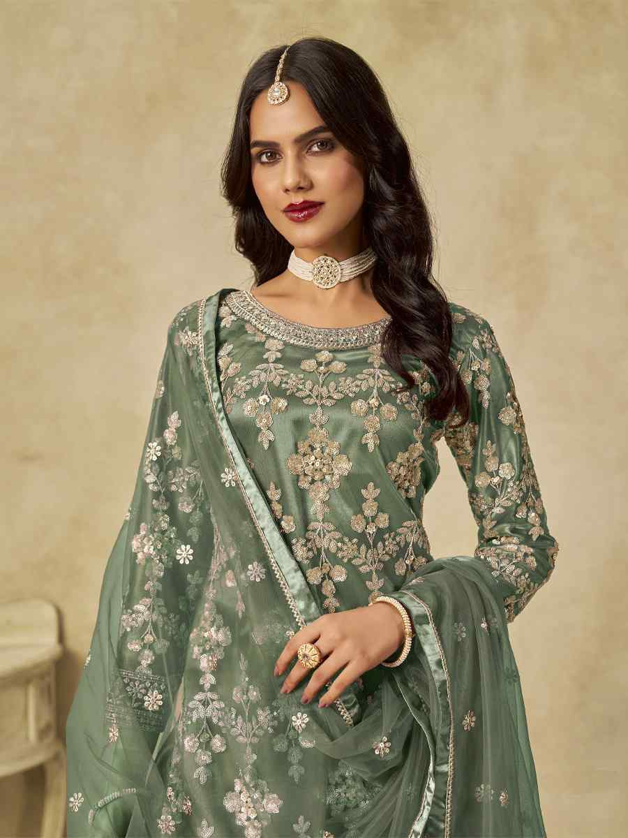 Green Net Embroidered Festival Wedding Sharara Pant Salwar Kameez
