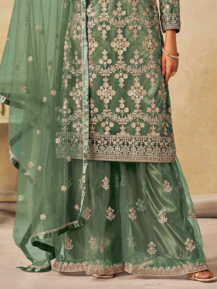 Green Net Embroidered Festival Wedding Sharara Pant Salwar Kameez