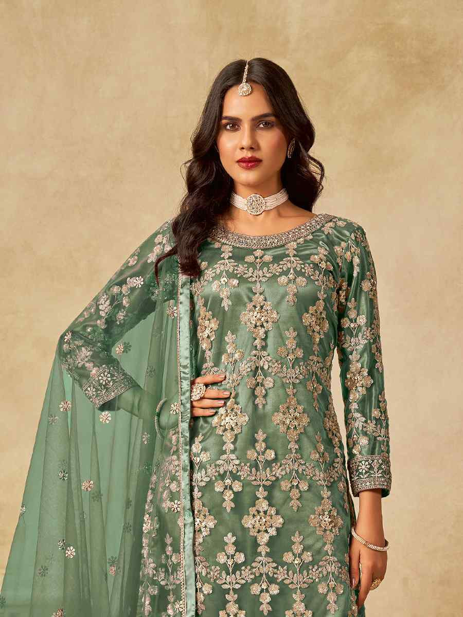 Green Net Embroidered Festival Wedding Sharara Pant Salwar Kameez
