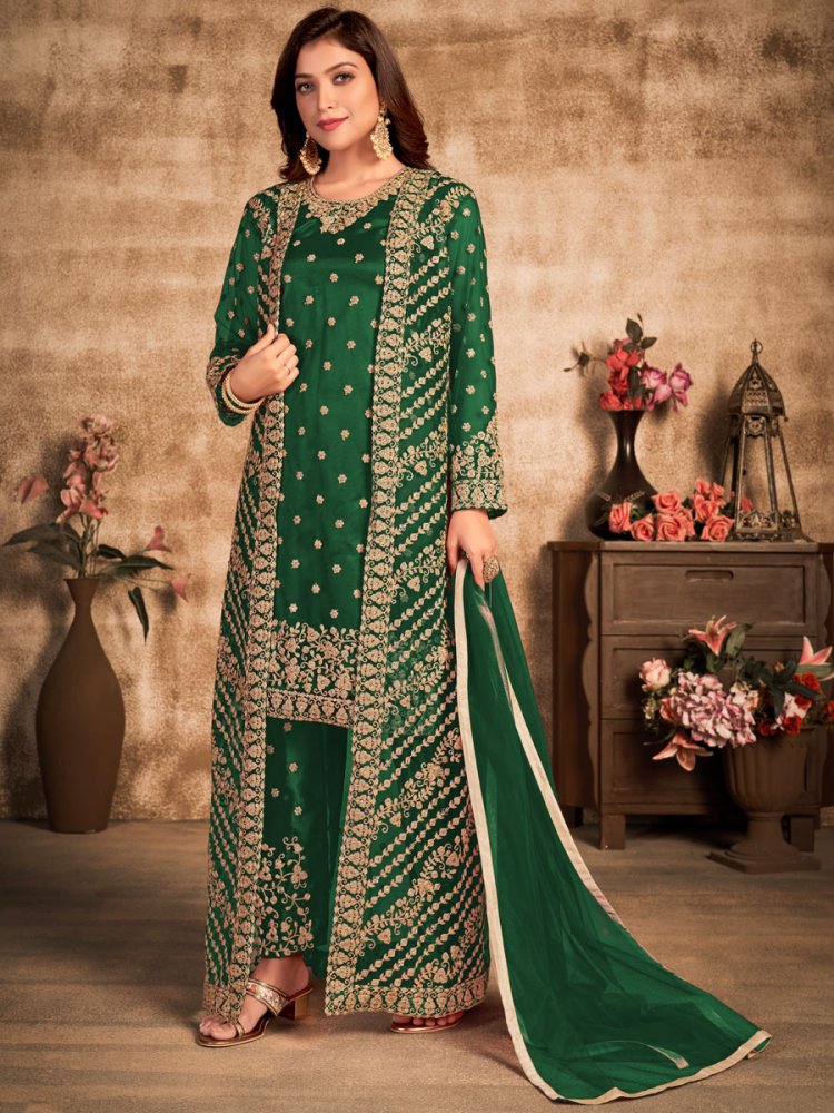 Green Net Embroidered Party Pant Kameez With Jacket