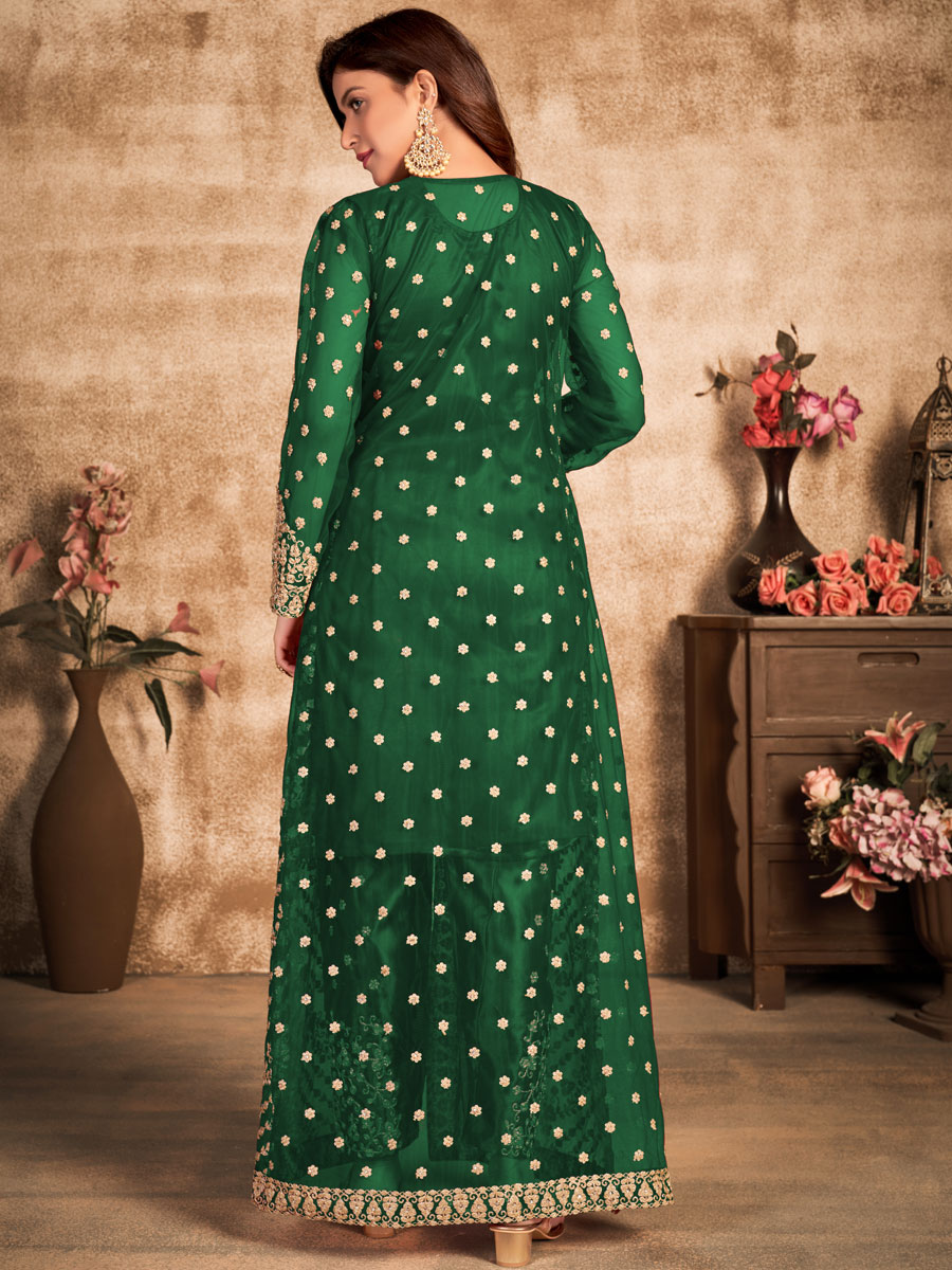 Green Net Embroidered Party Pant Kameez With Jacket