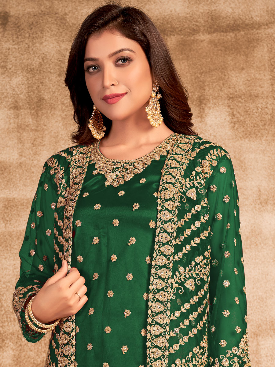 Green Net Embroidered Party Pant Kameez With Jacket