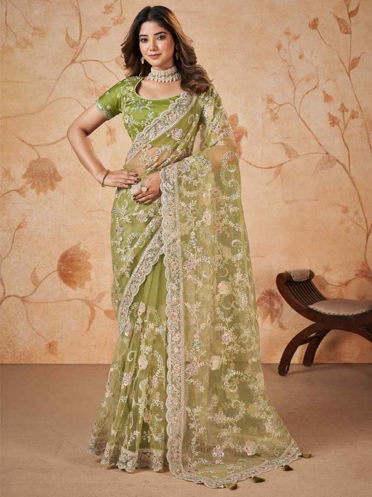Green Net Embroidered Party Wedding Heavy Border Saree