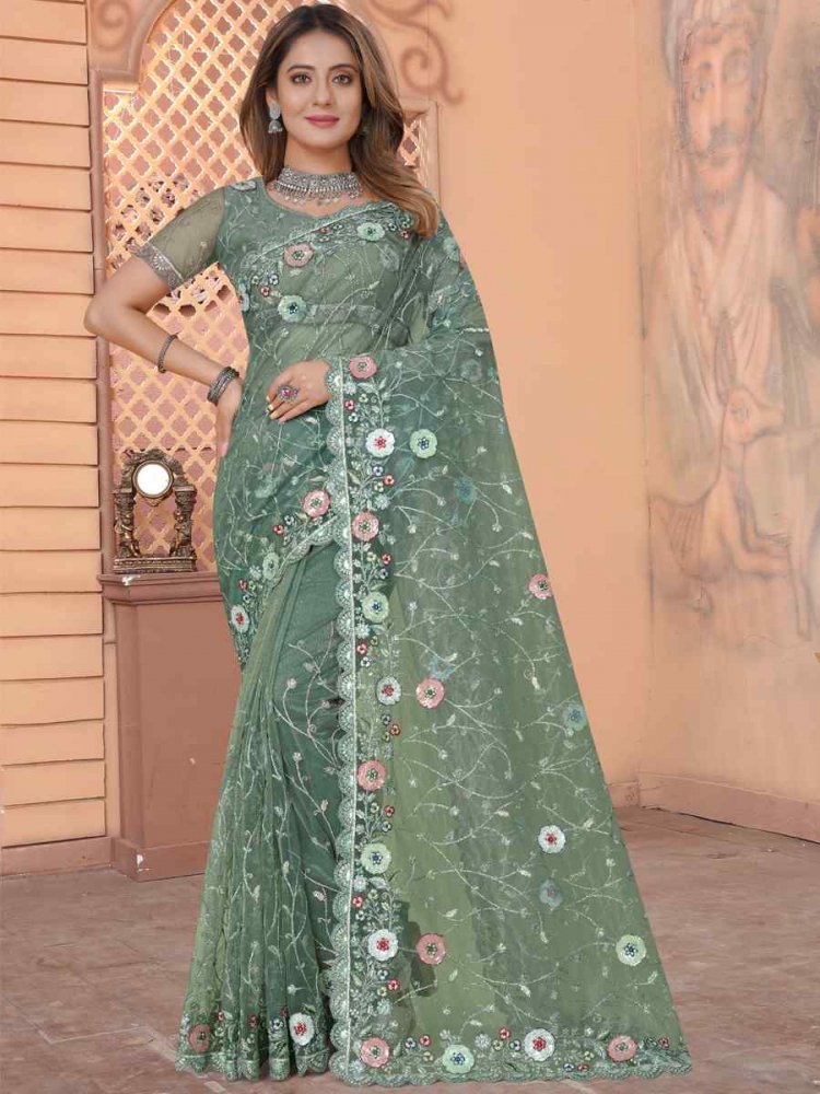Green Net Embroidered Reception Party Heavy Border Saree