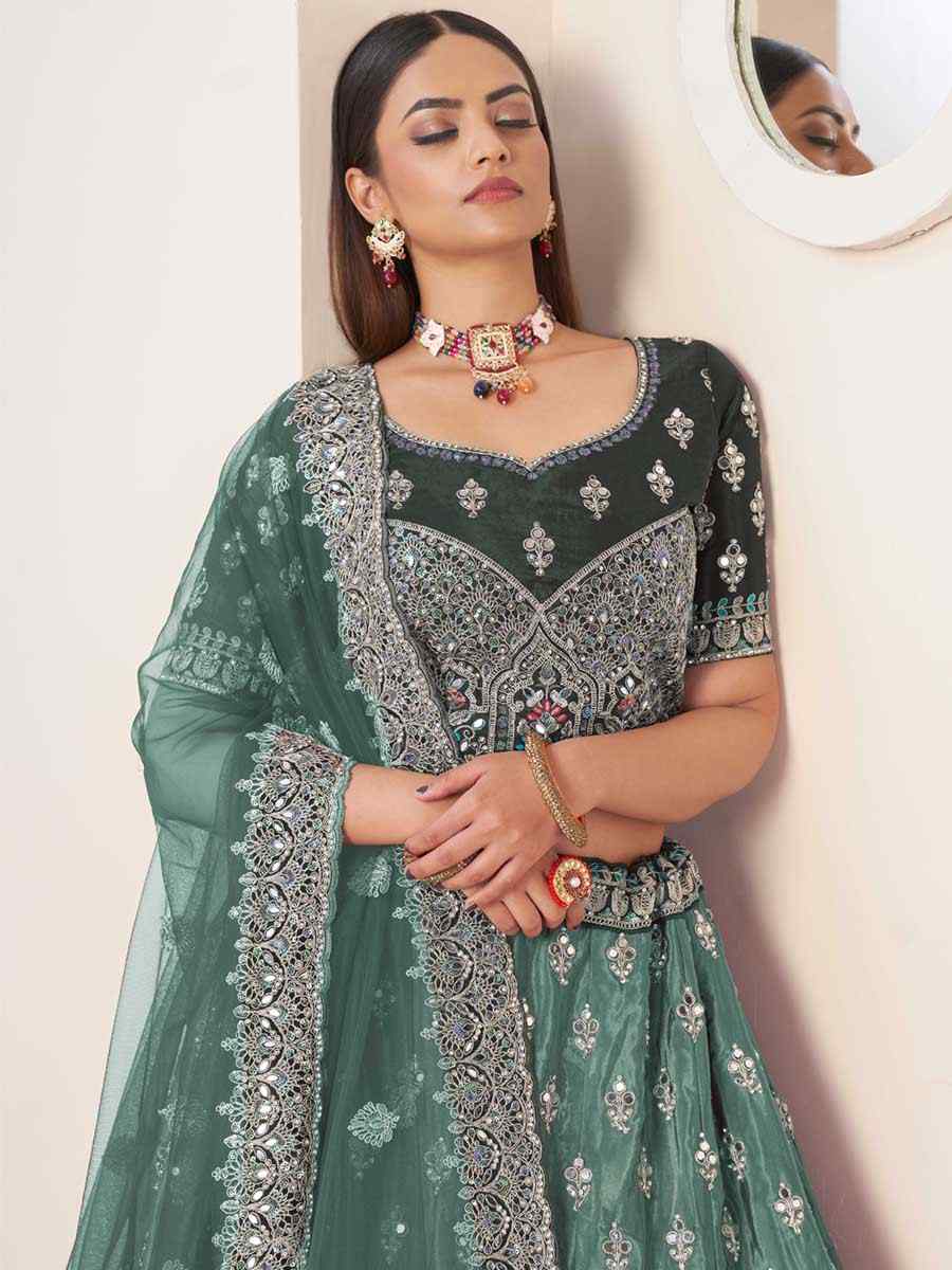 Green Net Embroidered Reception Wedding Heavy Border Lehenga Choli