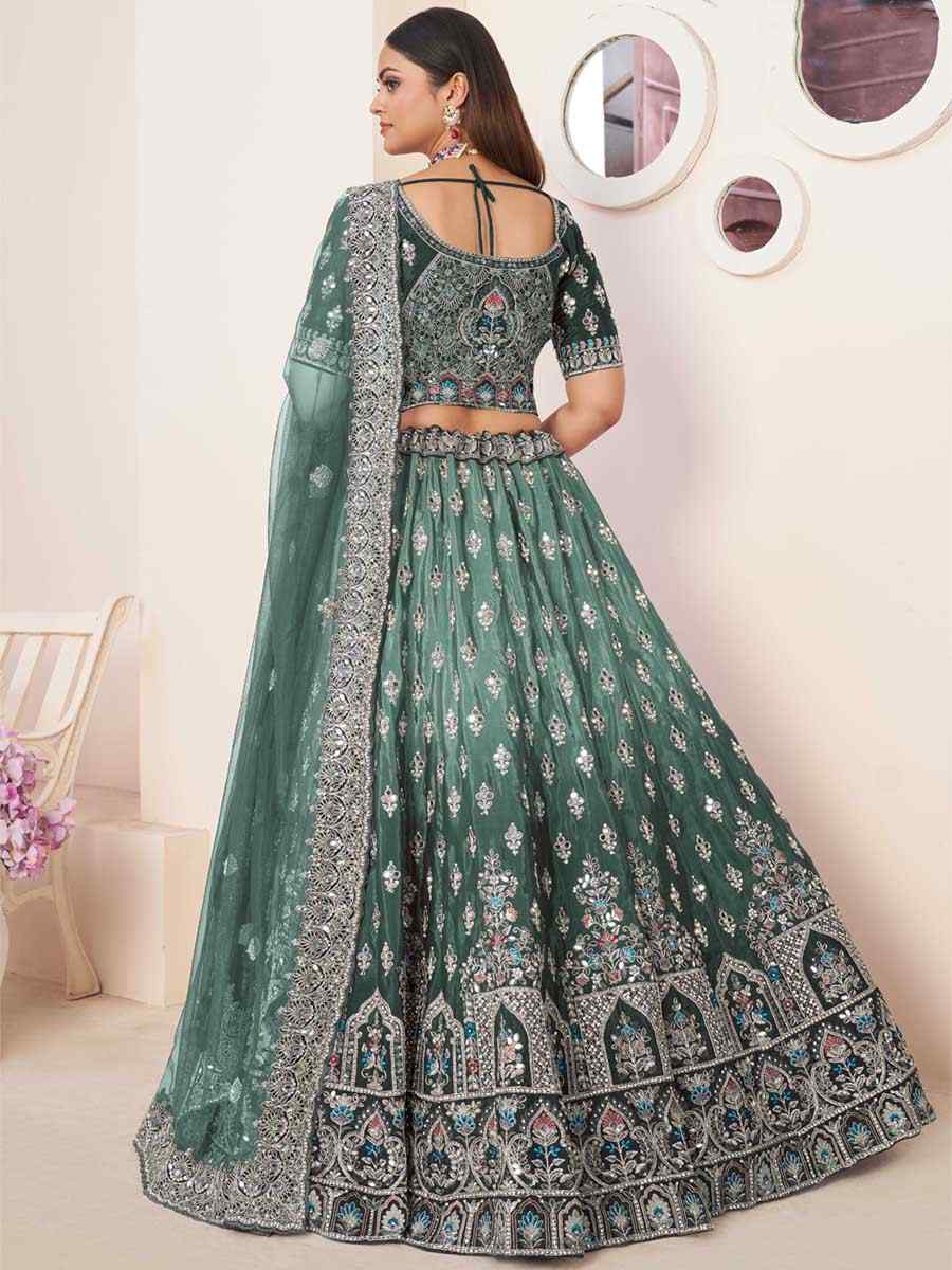 Green Net Embroidered Reception Wedding Heavy Border Lehenga Choli