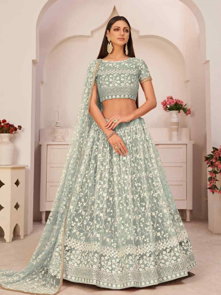 Image of Green Net Embroidered Wedding Reception Festival Heavy Border Lehenga Choli