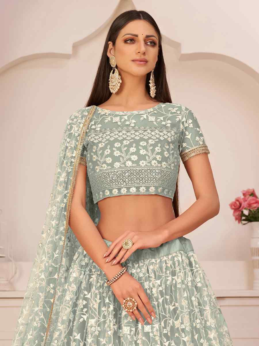 Green Net Embroidered Wedding Reception Festival Heavy Border Lehenga Choli