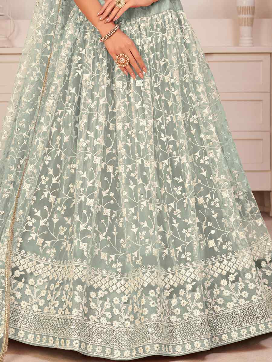 Green Net Embroidered Wedding Reception Festival Heavy Border Lehenga Choli