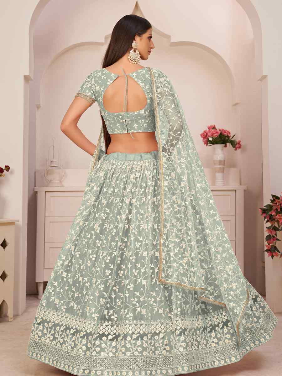 Green Net Embroidered Wedding Reception Festival Heavy Border Lehenga Choli