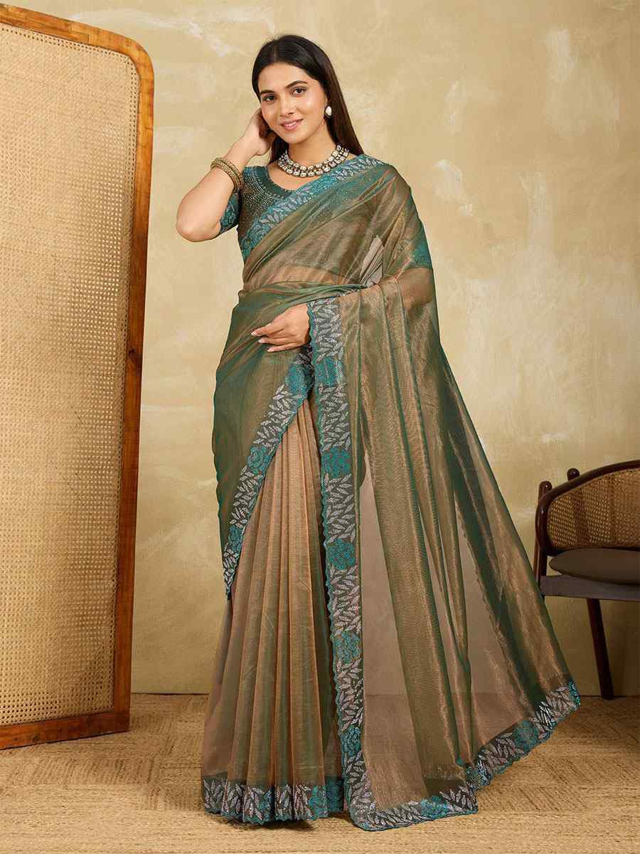 Green Net Stone Embroidery Festival Wedding Fancy Classic Heavy Border Saree