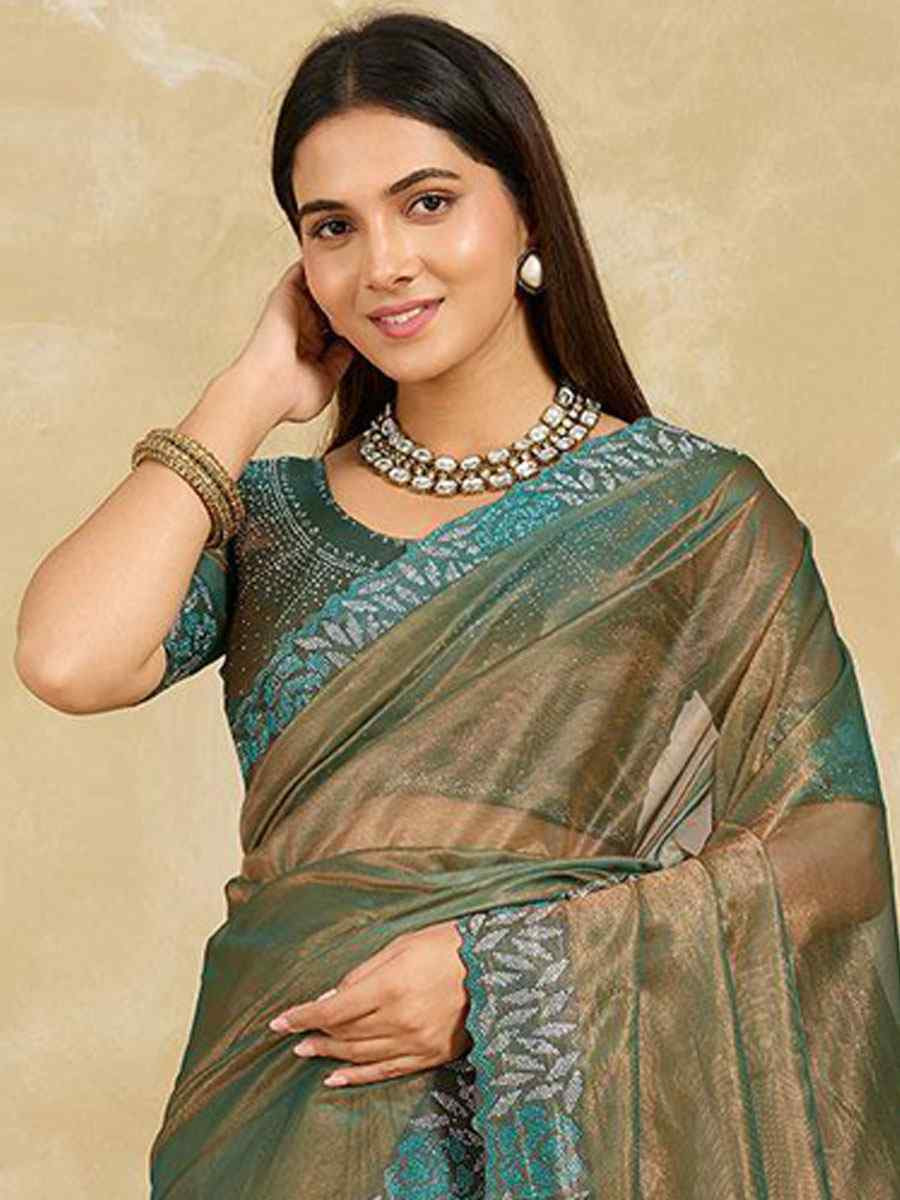 Green Net Stone Embroidery Festival Wedding Fancy Classic Heavy Border Saree