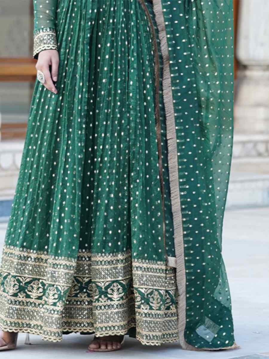 Green Nylon Jacquard Butti Embroidered Festival Party Gown