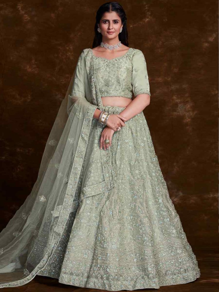 Green Organza Embroidered Bridal Wedding Heavy Border Lehenga Choli