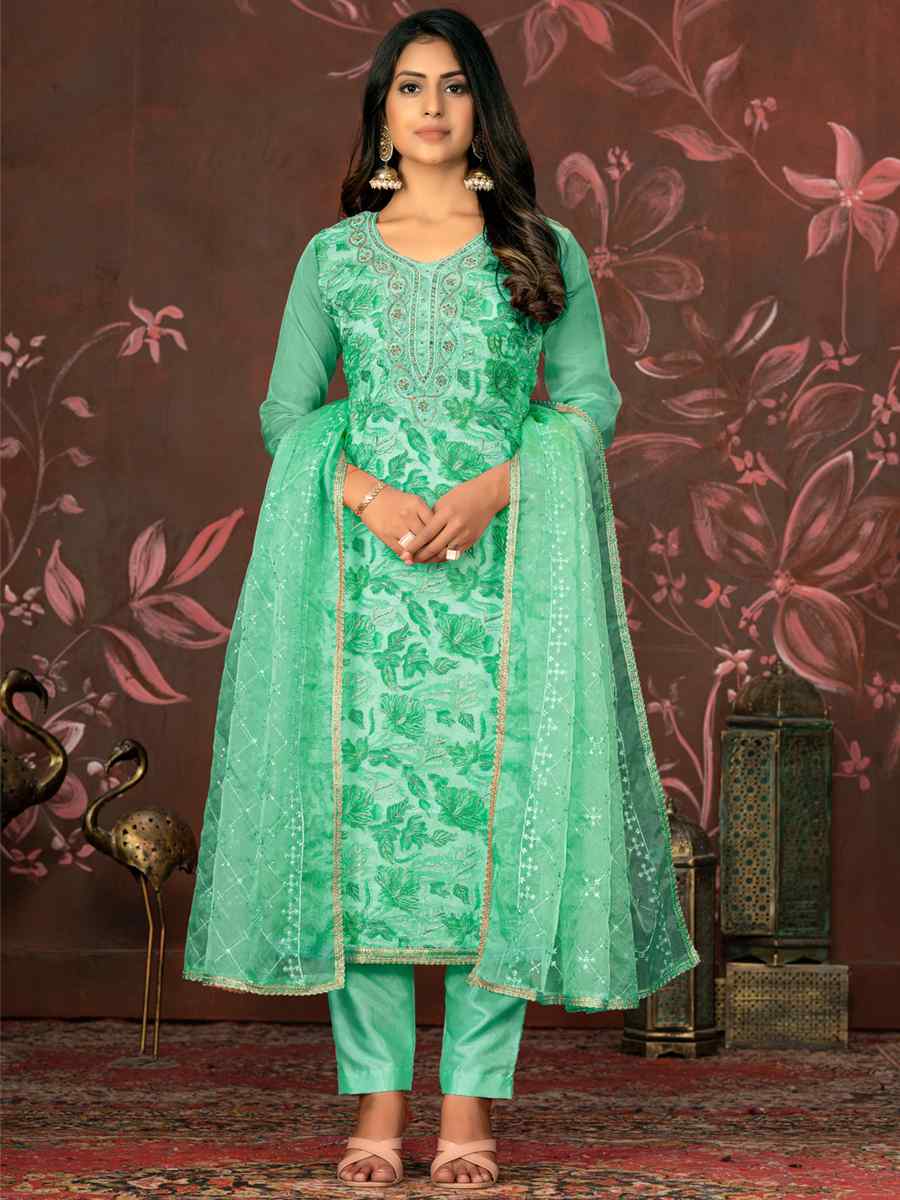 Green Organza Embroidered Casual Festival Pant Salwar Kameez