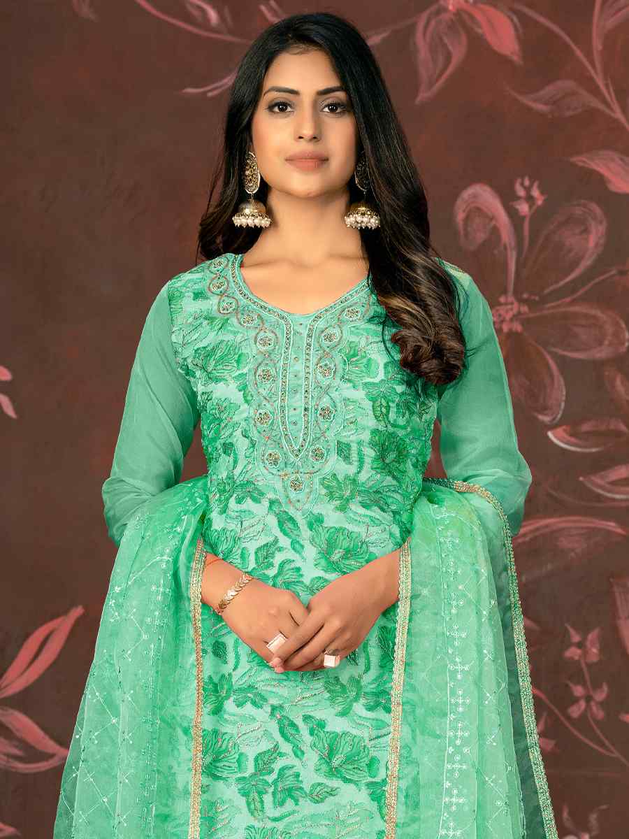 Green Organza Embroidered Casual Festival Pant Salwar Kameez