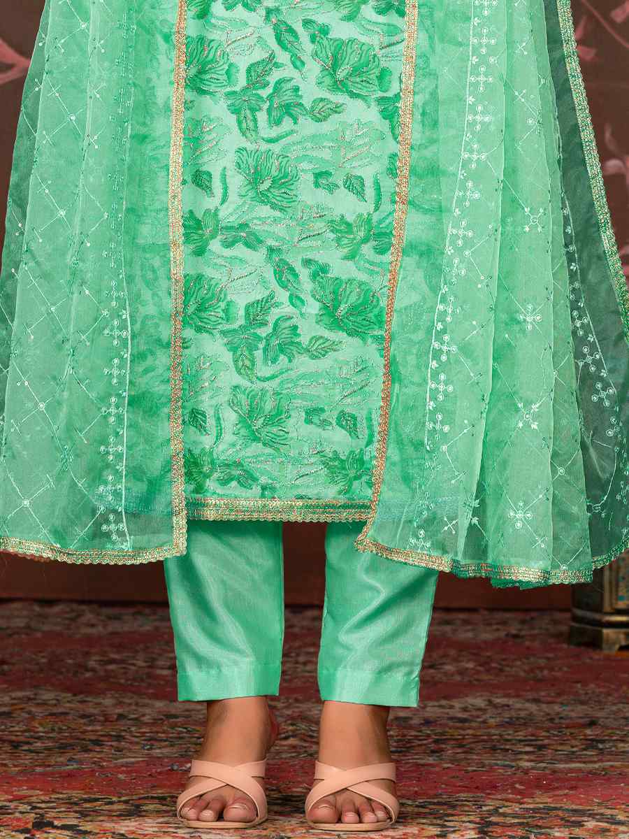 Green Organza Embroidered Casual Festival Pant Salwar Kameez