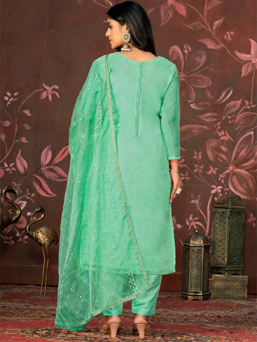 Green Organza Embroidered Casual Festival Pant Salwar Kameez