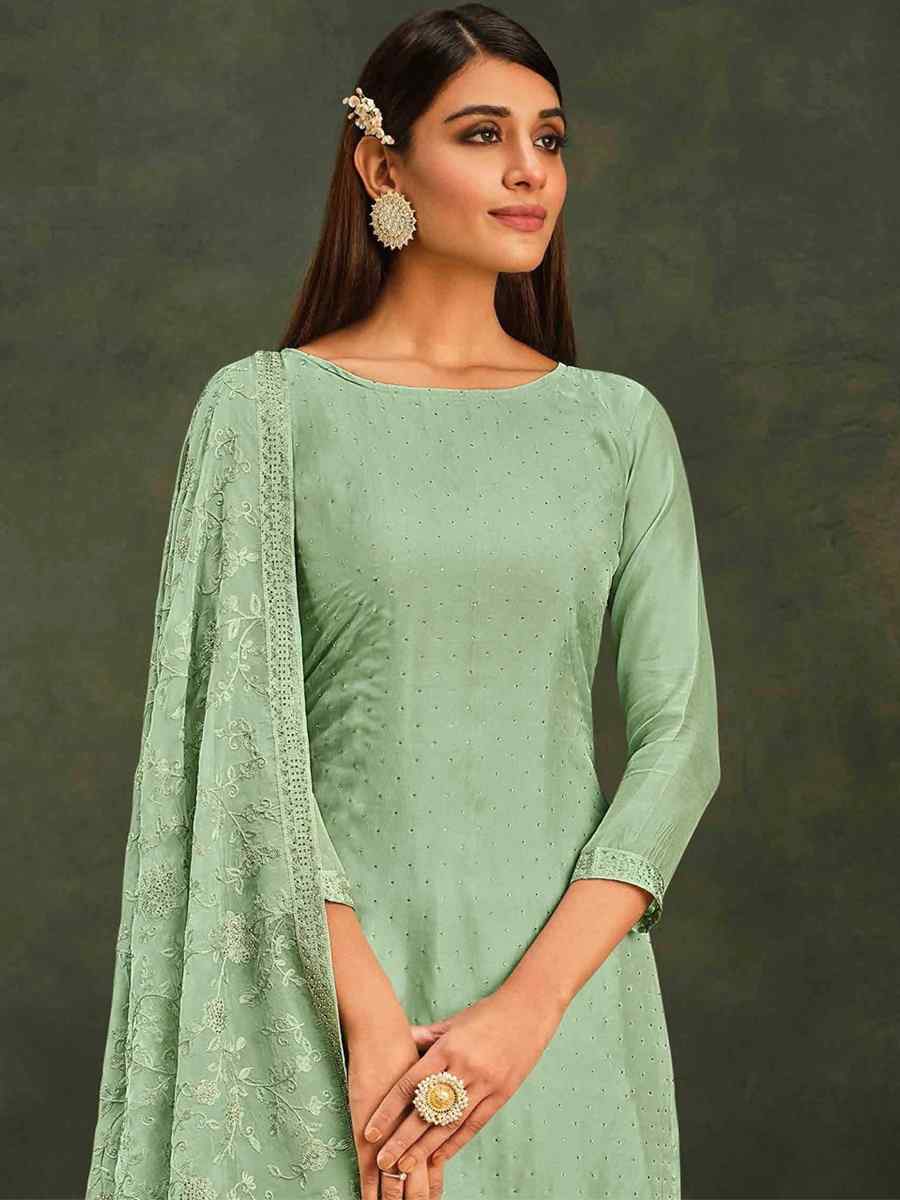 Green Organza Embroidered Festival Party Pant Salwar Kameez