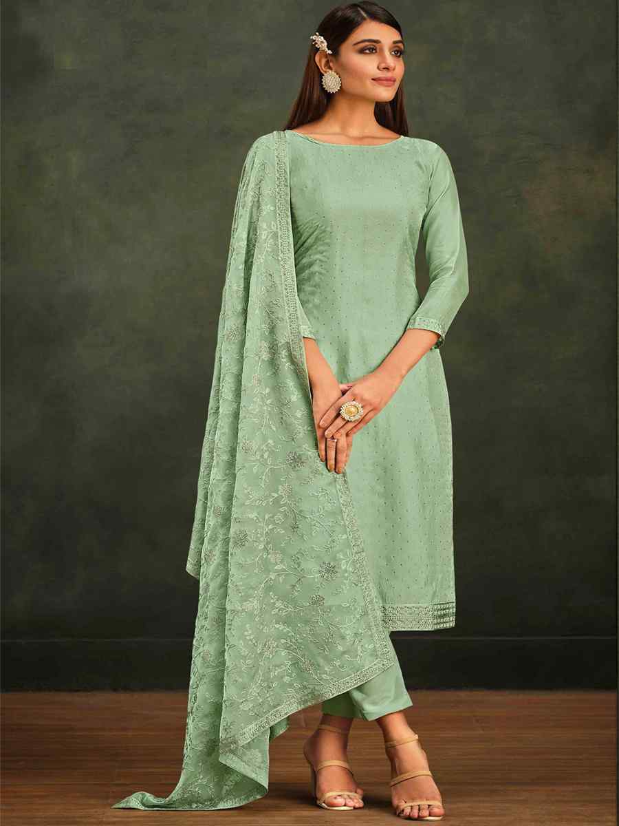 Green Organza Embroidered Festival Party Pant Salwar Kameez