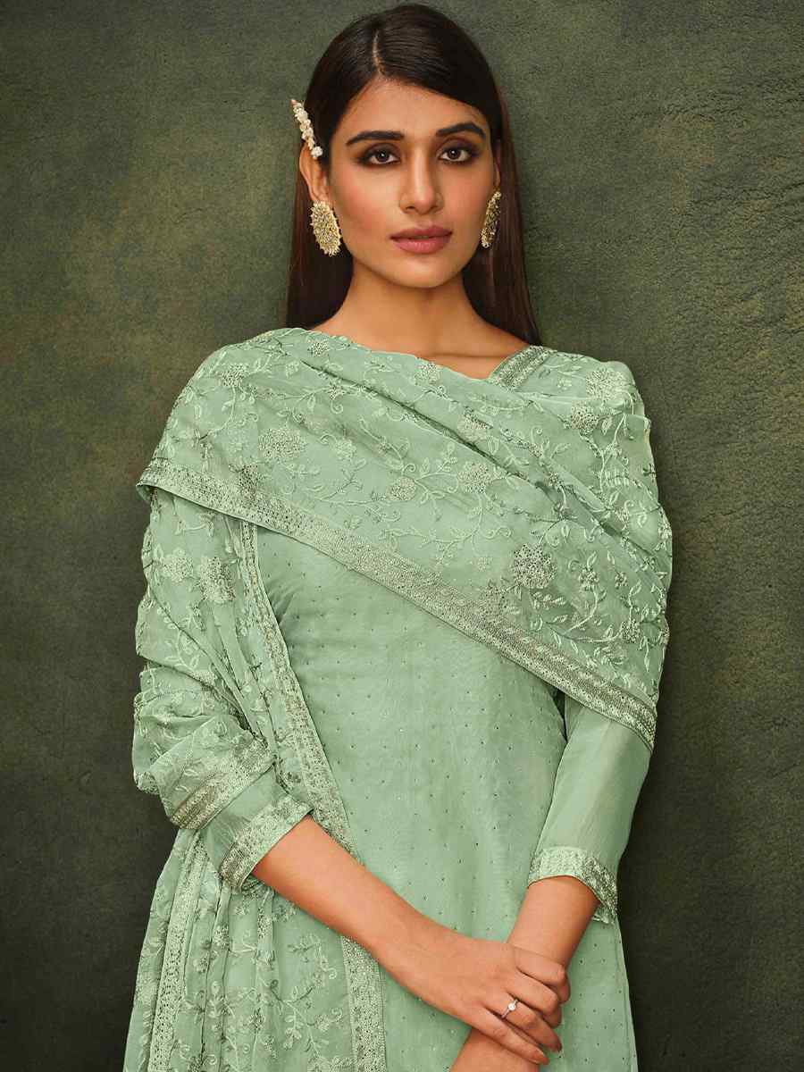 Green Organza Embroidered Festival Party Pant Salwar Kameez