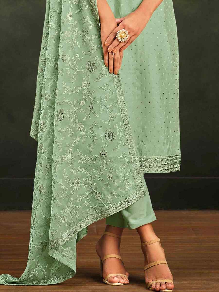 Green Organza Embroidered Festival Party Pant Salwar Kameez