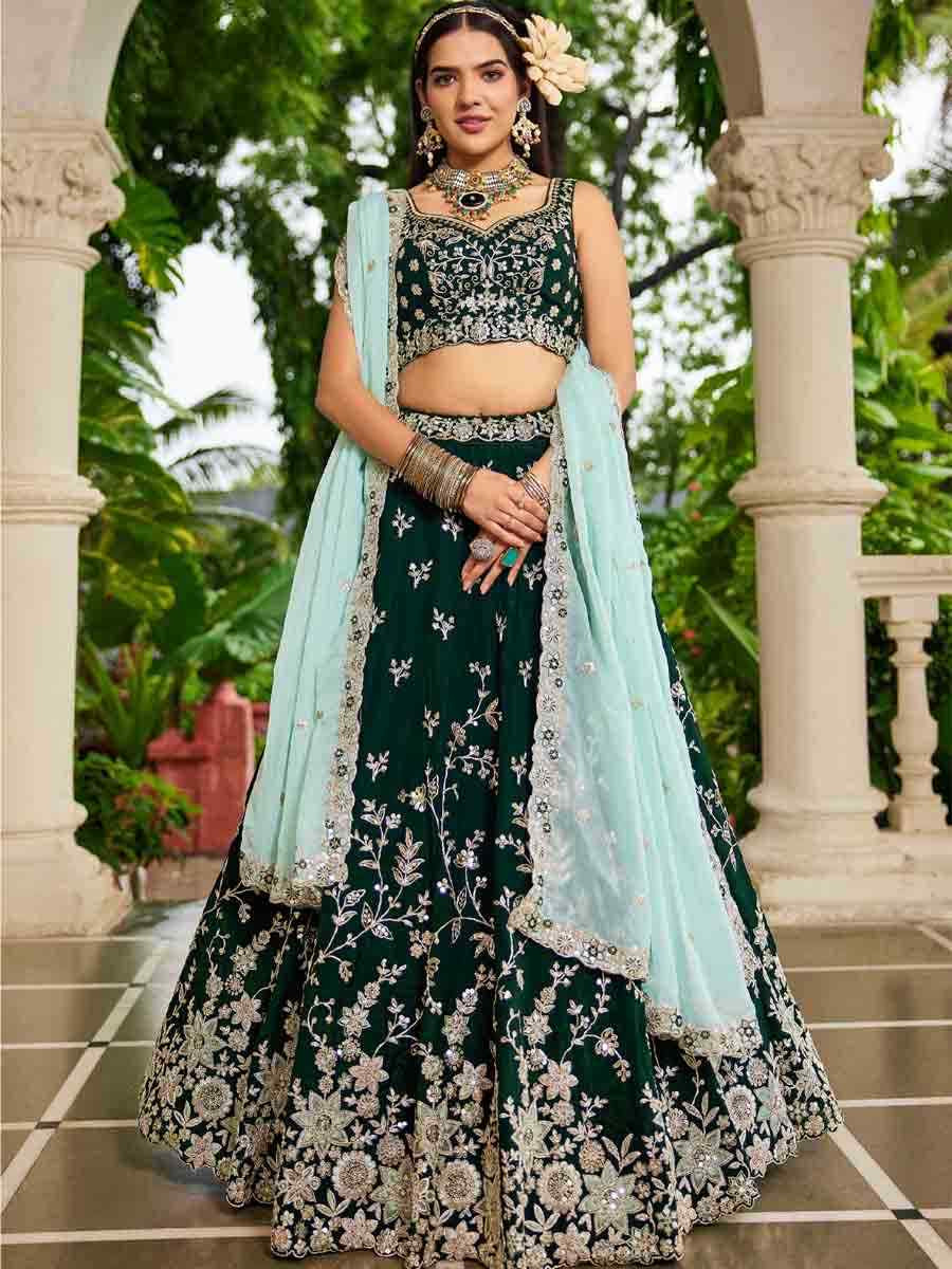 Green Organza Embroidered Festival Reception Wedding Party Wear Heavy Border Lehenga Choli
