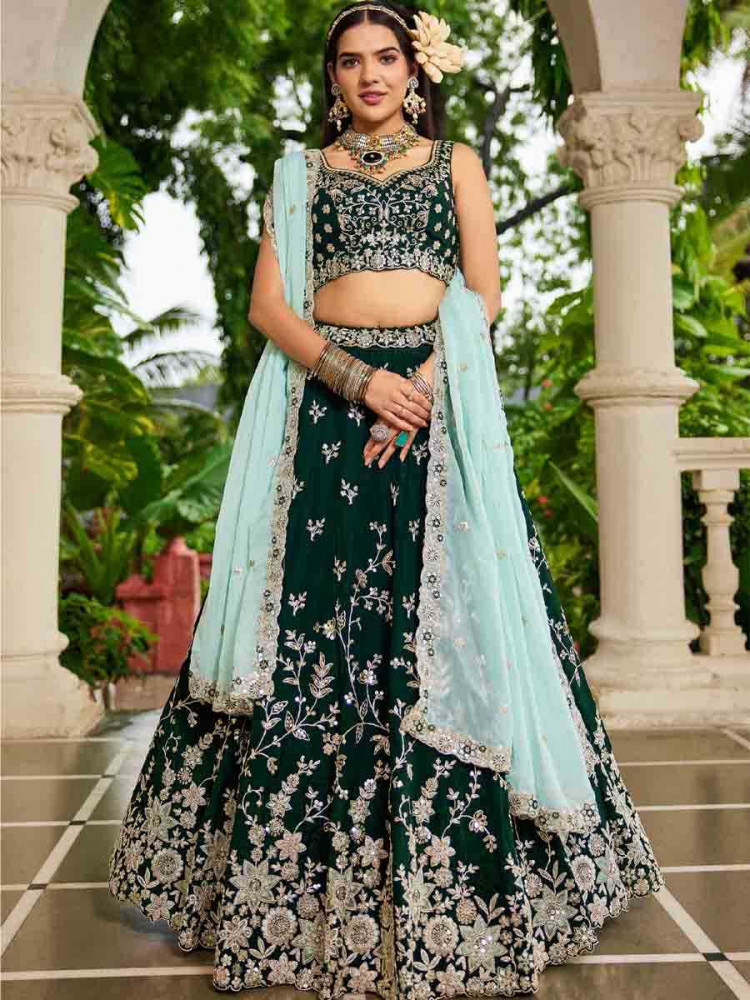 Image of Green Organza Embroidered Festival Reception Wedding Party Wear Heavy Border Lehenga Choli
