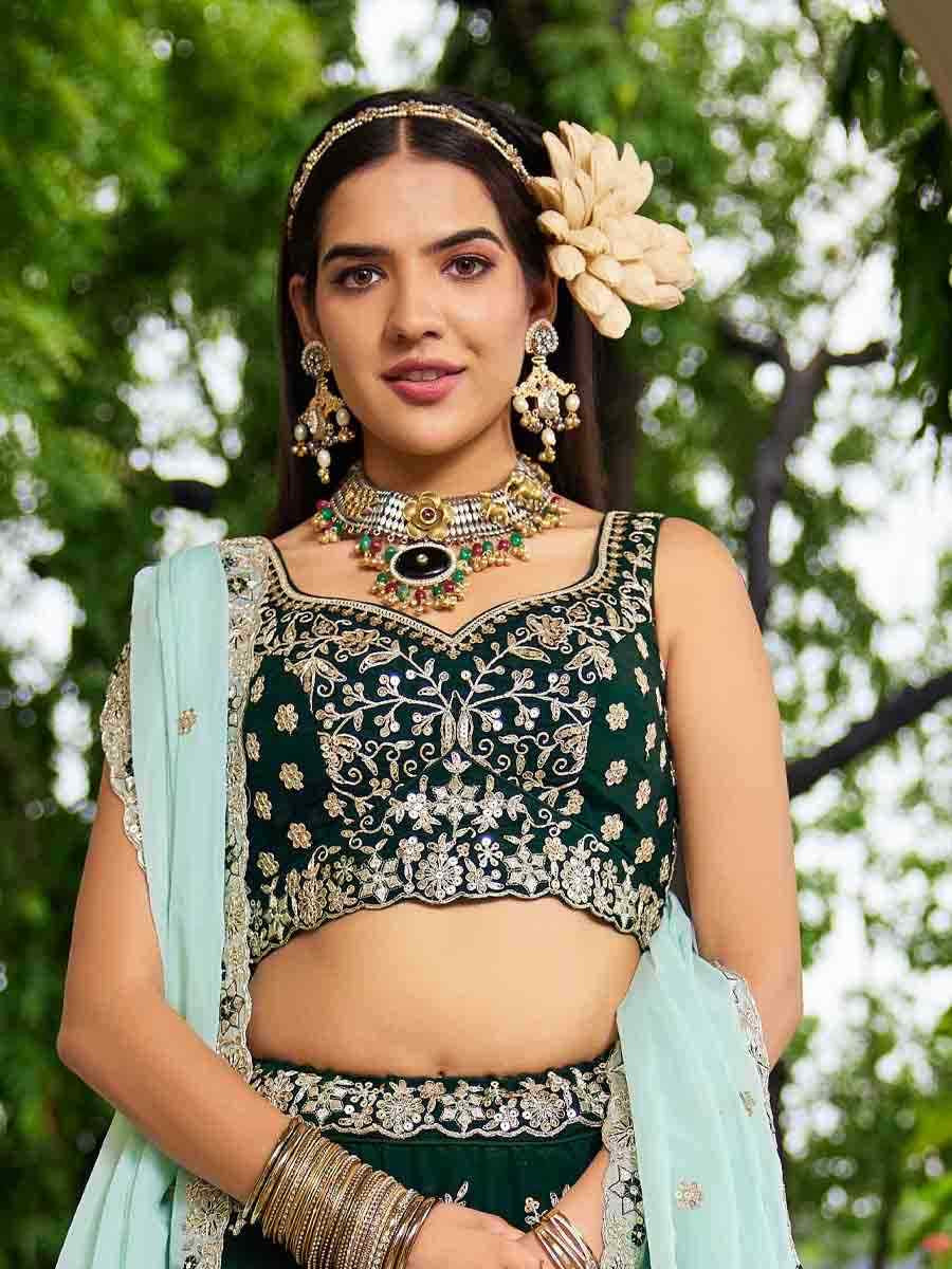 Green Organza Embroidered Festival Reception Wedding Party Wear Heavy Border Lehenga Choli