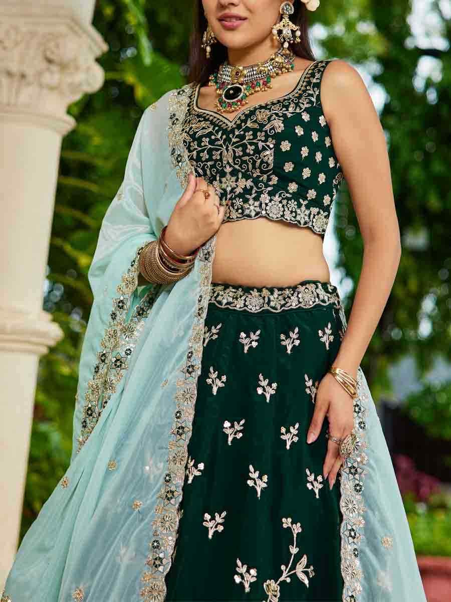 Green Organza Embroidered Festival Reception Wedding Party Wear Heavy Border Lehenga Choli