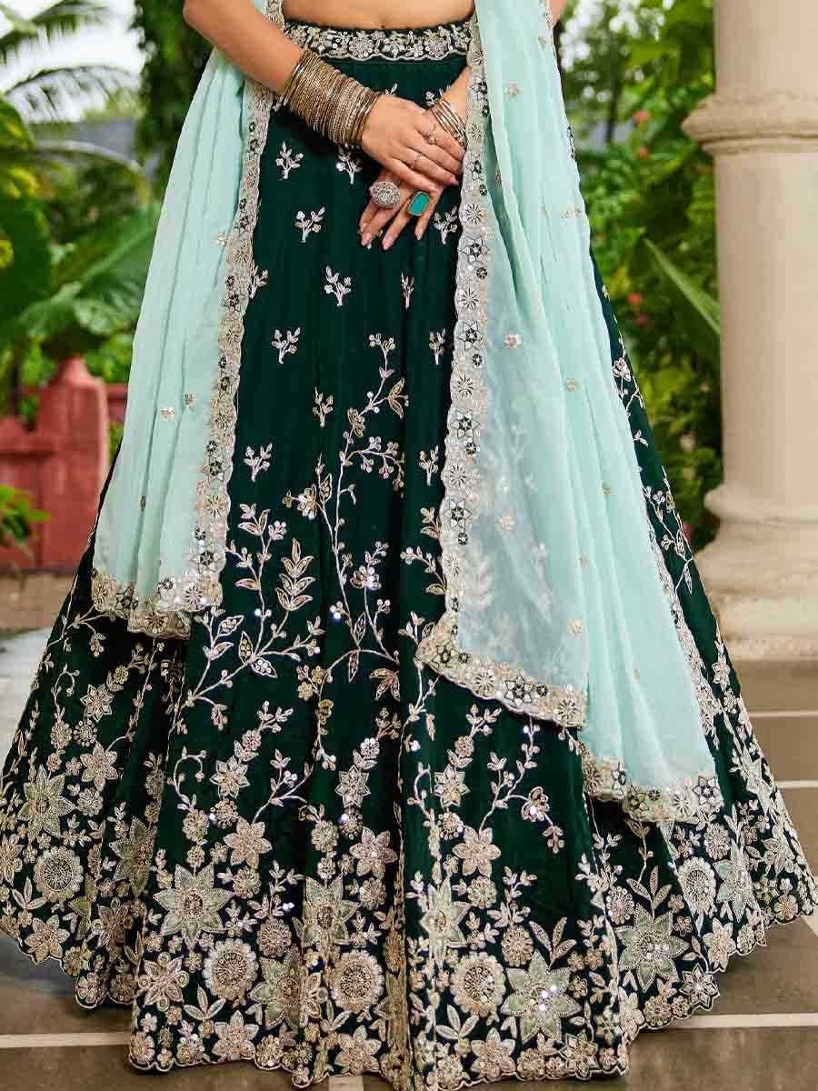 Green Organza Embroidered Festival Reception Wedding Party Wear Heavy Border Lehenga Choli