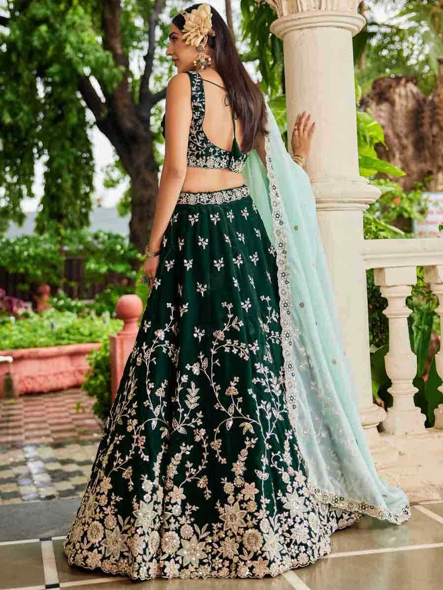 Green Organza Embroidered Festival Reception Wedding Party Wear Heavy Border Lehenga Choli