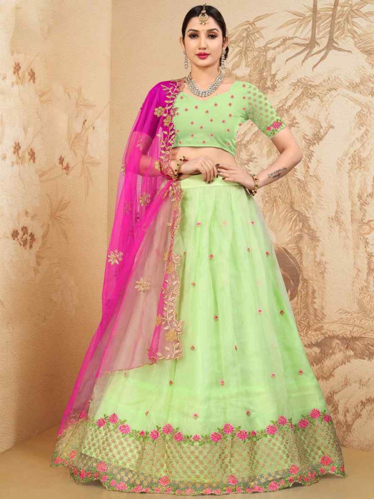 Green Organza Embroidered Festival Wedding Heavy Border Lehenga Choli