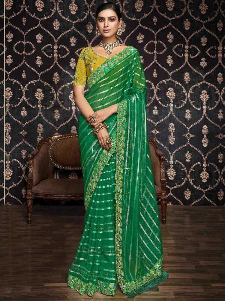 Green Organza Embroidered Party Festival Classic Style Saree