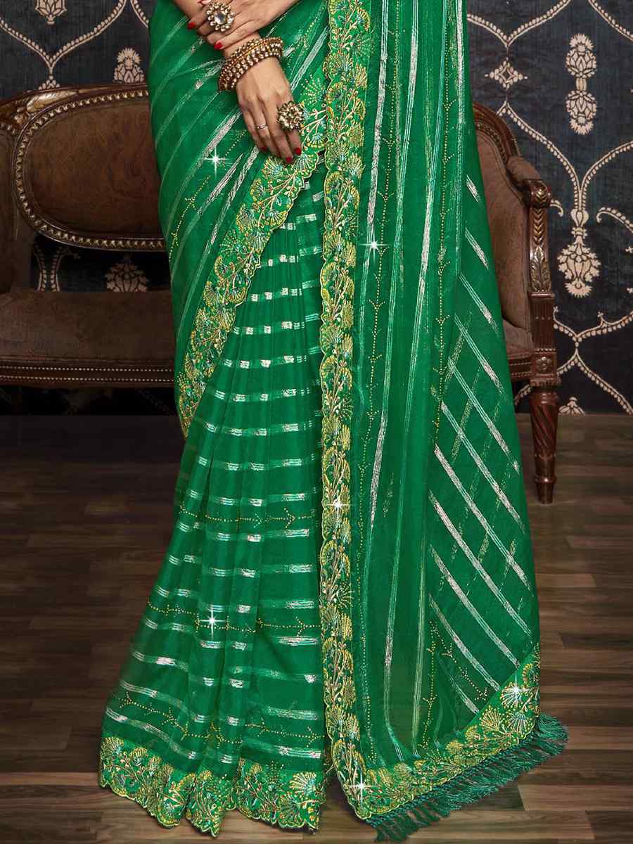 Green Organza Embroidered Party Festival Classic Style Saree