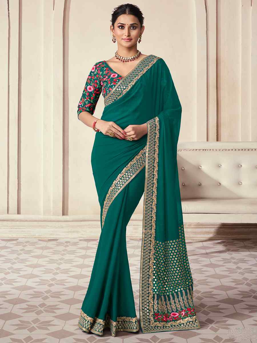 Green Organza Embroidered Party Wedding Classic Style Saree
